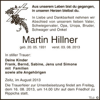 Traueranzeige von Martin Hillner von Super Sonntag Zeitz
