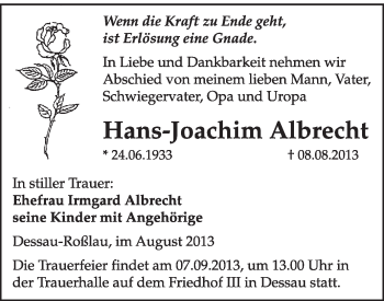 Traueranzeige von Hans-Joachim Albrecht von Super Sonntag Dessau / Köthen