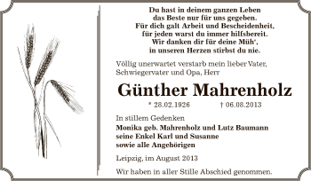 Traueranzeige von Günther Mahrenholz von Super Sonntag Zeitz