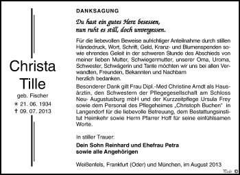 Traueranzeige von Christa Tille von WVG - Wochenspiegel NMB / WSF / ZTZ