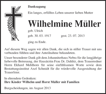 Traueranzeige von Wilhelmine Müller von WVG - Wochenspiegel NMB / WSF / ZTZ