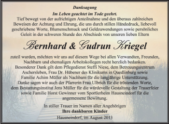 Traueranzeige von Bernhard und Gudrun Kriegel von WVG - Wochenspiegel Aschersleben