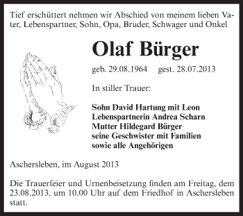 Traueranzeige von Olaf Bürger von Super Sonntag Aschersleben