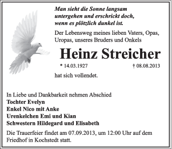 Traueranzeige von Heinz Streicher von Super Sonntag Dessau / Köthen