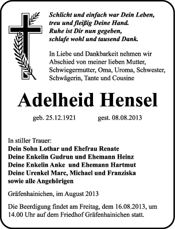 Traueranzeige von Adelheid Hensel von WVG - Wochenspiegel Wittenberg