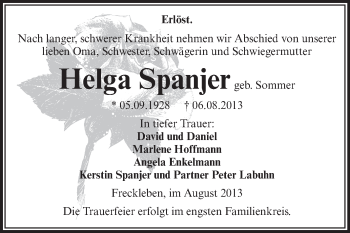 Traueranzeige von Helga Spanjer von WVG - Wochenspiegel Aschersleben
