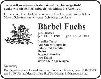 Traueranzeige von Bärbel Fuchs von WVG - Wochenspiegel NMB / WSF / ZTZ