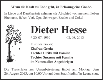 Traueranzeige von Dieter Hesse von WVG - Wochenspiegel Merseburg