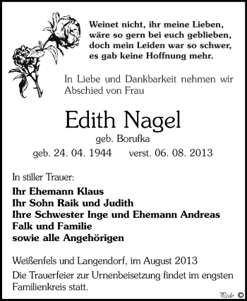 Traueranzeige von Edith Nagel von WVG - Wochenspiegel NMB / WSF / ZTZ