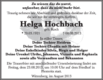Traueranzeige von Helga Hochbach von Super Sonntag Wittenberg