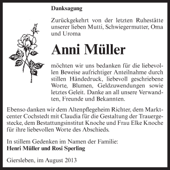 Traueranzeige von Anni Müller von WVG - Wochenspiegel Aschersleben