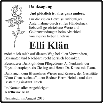 Traueranzeige von Elli Klän von Super Sonntag Quedlinburg