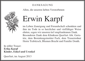 Traueranzeige von Erwin Karpf von WVG - Wochenspiegel Merseburg