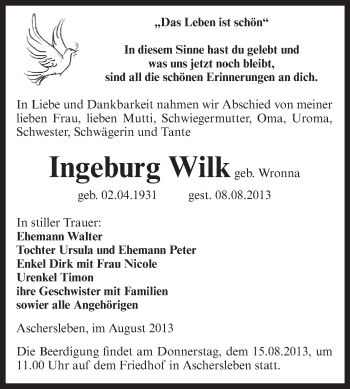Traueranzeige von Ingeburg Wilk von Super Sonntag Aschersleben