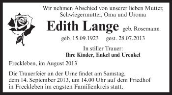Traueranzeige von Edith Lange von WVG - Wochenspiegel Aschersleben