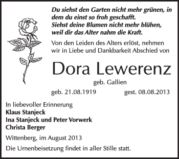 Traueranzeige von Dora Lewerenz von WVG - Wochenspiegel Wittenberg