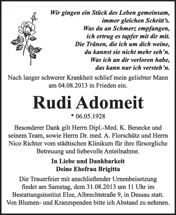 Traueranzeige von Rudi Adomeit von Super Sonntag Dessau / Köthen