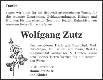 Traueranzeige von Wolfgang Zutz von Super Sonntag Bernburg