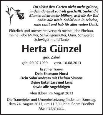 Traueranzeige von Herta Günzel von Super Sonntag Dessau / Köthen