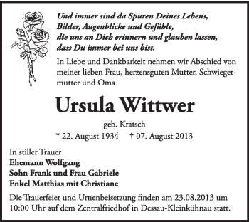Traueranzeige von Ursula Wittwer von Super Sonntag Dessau / Köthen