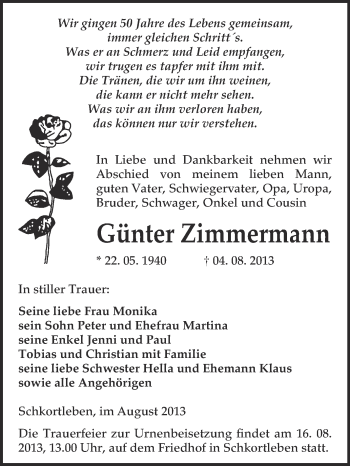 Traueranzeige von Günter Zimmermann von WVG - Wochenspiegel NMB / WSF / ZTZ