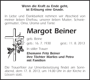 Traueranzeige von Margot Beiner von Super Sonntag Merseburg