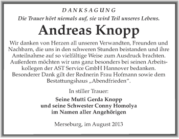 Traueranzeige von Andreas Knopp von WVG - Wochenspiegel Merseburg