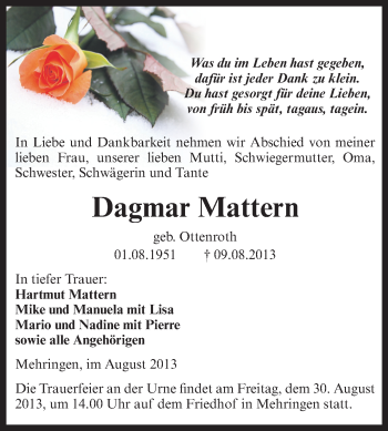 Traueranzeige von Dagmar Mattern von WVG - Wochenspiegel Aschersleben