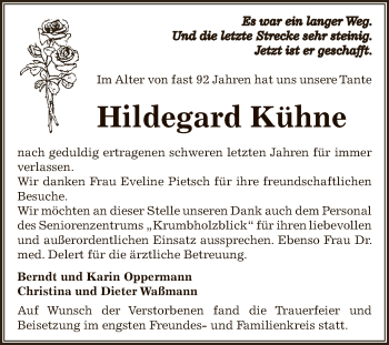 Traueranzeige von Hildegard Kühne von Super Sonntag Bernburg