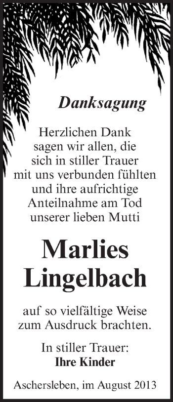 Traueranzeige von Marlies Lingelbach von WVG - Wochenspiegel Aschersleben