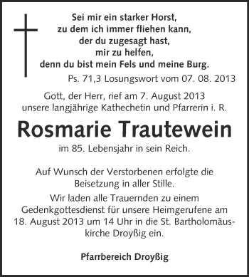 Traueranzeige von Rosmarie Trautewein von WVG - Wochenspiegel NMB / WSF / ZTZ