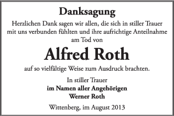 Traueranzeige von alfred Roth von Super Sonntag Wittenberg
