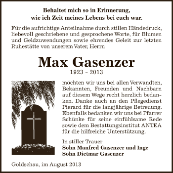 Traueranzeige von Max Gasenzer von Super Sonntag Zeitz