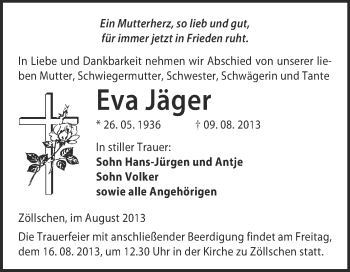 Traueranzeige von Eva Jäger von Super Sonntag Merseburg