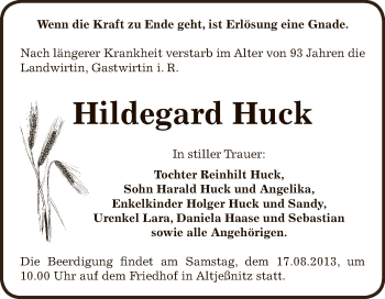 Traueranzeige von Hildegard Huck von WVG - Wochenspiegel Bitterfeld