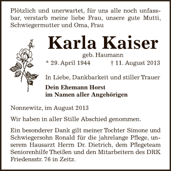 Traueranzeige von Karla Kaiser von Super Sonntag Zeitz