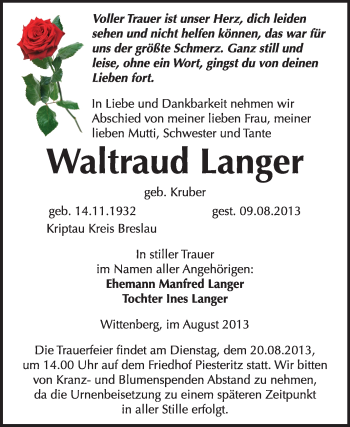 Traueranzeige von Waltraud Langer von Super Sonntag Wittenberg