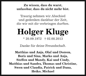 Traueranzeige von Holger Kluge von WVG - Wochenspiegel Dessau / Köthen