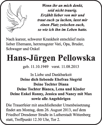Traueranzeige von Hans-Jürgen Pellowska von Super Sonntag Wittenberg