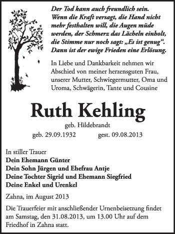 Traueranzeige von Ruth Kehling von Super Sonntag Wittenberg