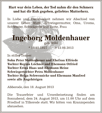 Traueranzeige von Ingeborg Moldenhauer von Super Sonntag SGH Mansf. Land