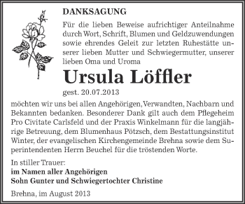 Traueranzeige von Ursula Löffler von WVG - Wochenspiegel Bitterfeld