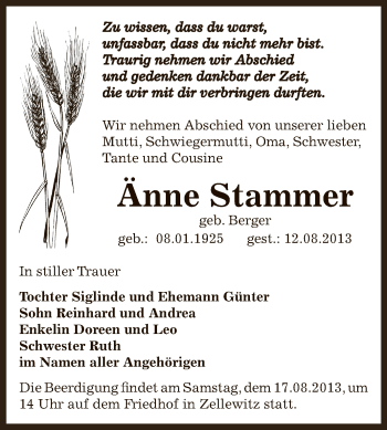 Traueranzeige von Änne Stammer von WVG - Wochenspiegel Bernburg