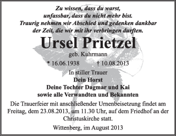 Traueranzeige von Ursel Prietzel von Super Sonntag Wittenberg