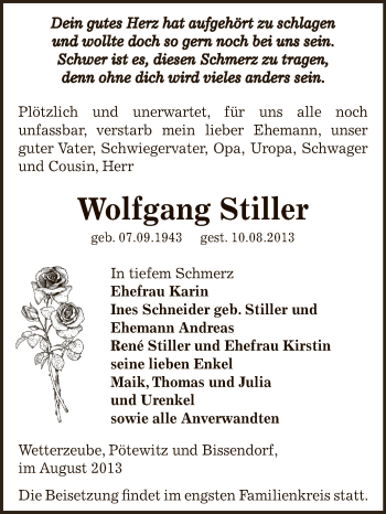 Traueranzeige von Wolfgang Stiller von Super Sonntag Zeitz