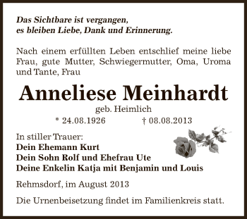 Traueranzeige von Anneliese Meinhardt von Super Sonntag Zeitz
