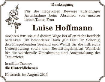 Traueranzeige von Luise Hoffmann von Super Sonntag SGH Mansf. Land