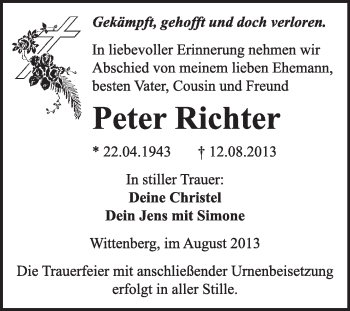 Traueranzeige von Peter Richter von WVG - Wochenspiegel Wittenberg