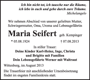Traueranzeige von Maria Sifert von WVG - Wochenspiegel Wittenberg