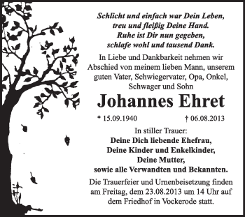 Traueranzeige von Johannes Ehret von Super Sonntag Wittenberg